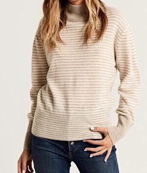 White + Warren Cashmere Puff Sleeve Striped Standneck Sweater S